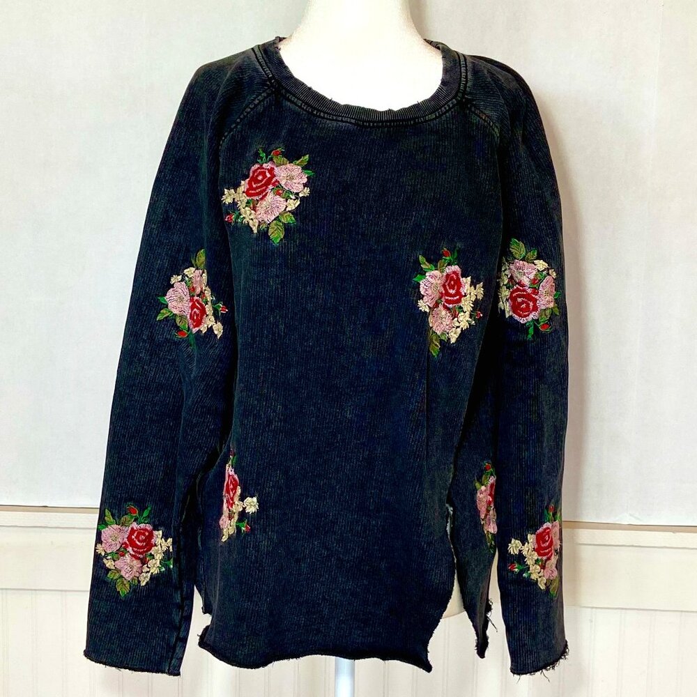 Lucky Floral Embroidered Distressed Black fleece Sz L
